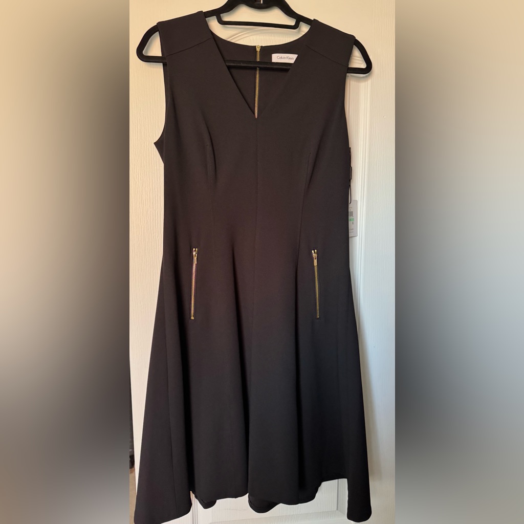 Nwt Calvin Klein Black Midi Dress With Gold Zipper Details
